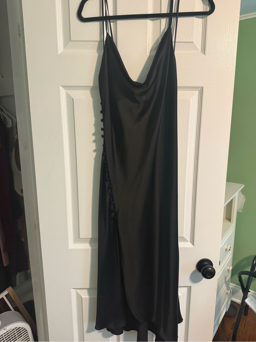 Zara Black Satin Slip Dress with Side Button Detail - size Large